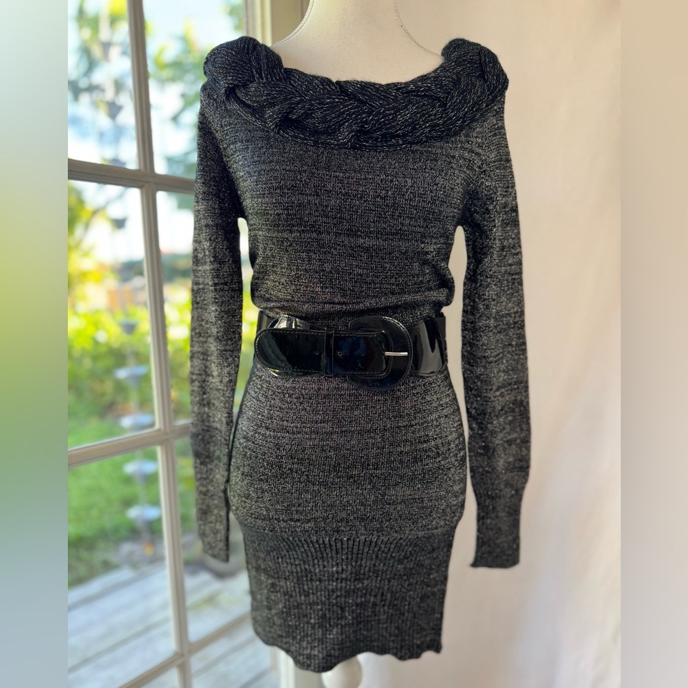 Retro Black & Silver (Metallic), Bodycon Sweater Dress, Size S